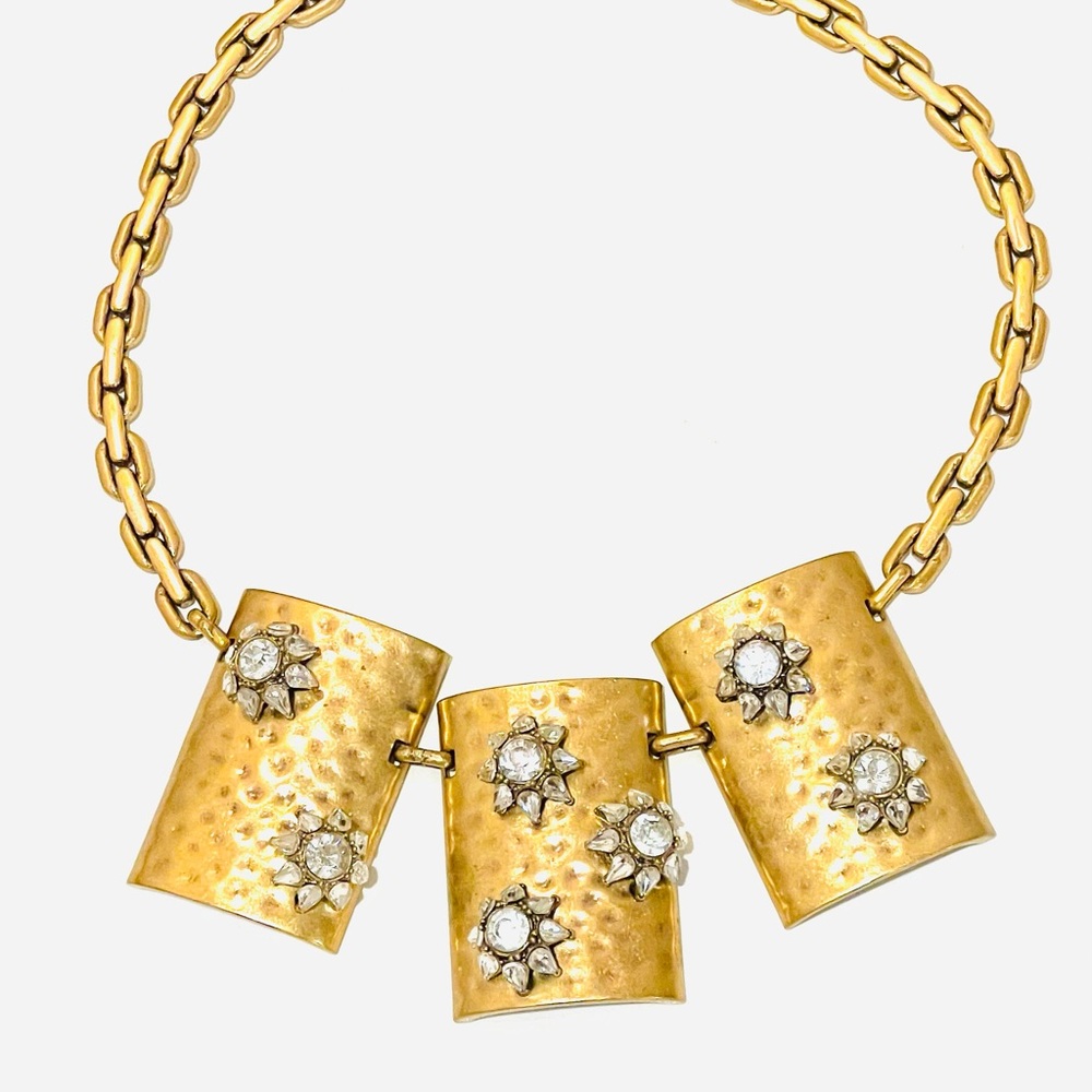 RARE VINTAGE LUXURY J. Crew Hammered Flower CZ Plated Statement Necklace